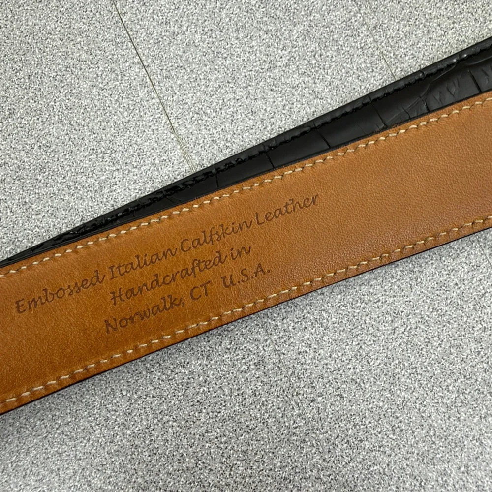 Trafalgar Belt Mens 34 Black Embossed Italian Calfskin Leather Dress Buckle
